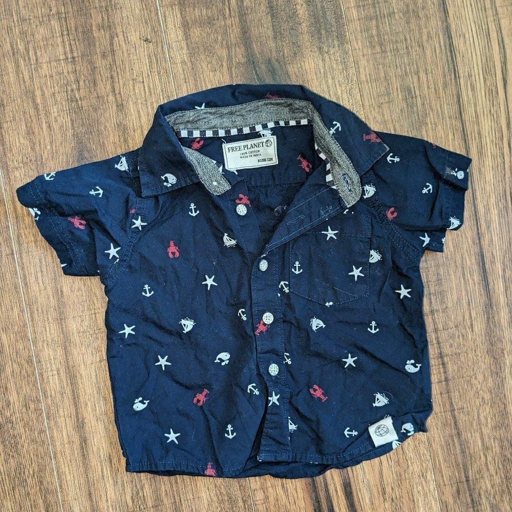 Free Planet 12M Blue Anchor Button Down Shirt